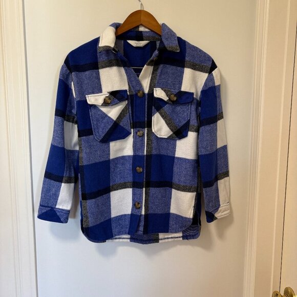 Boys Shacket Sweater Jacket  H&M Blue White Plaid Wool Blend Size 12 - Picture 1 of 8